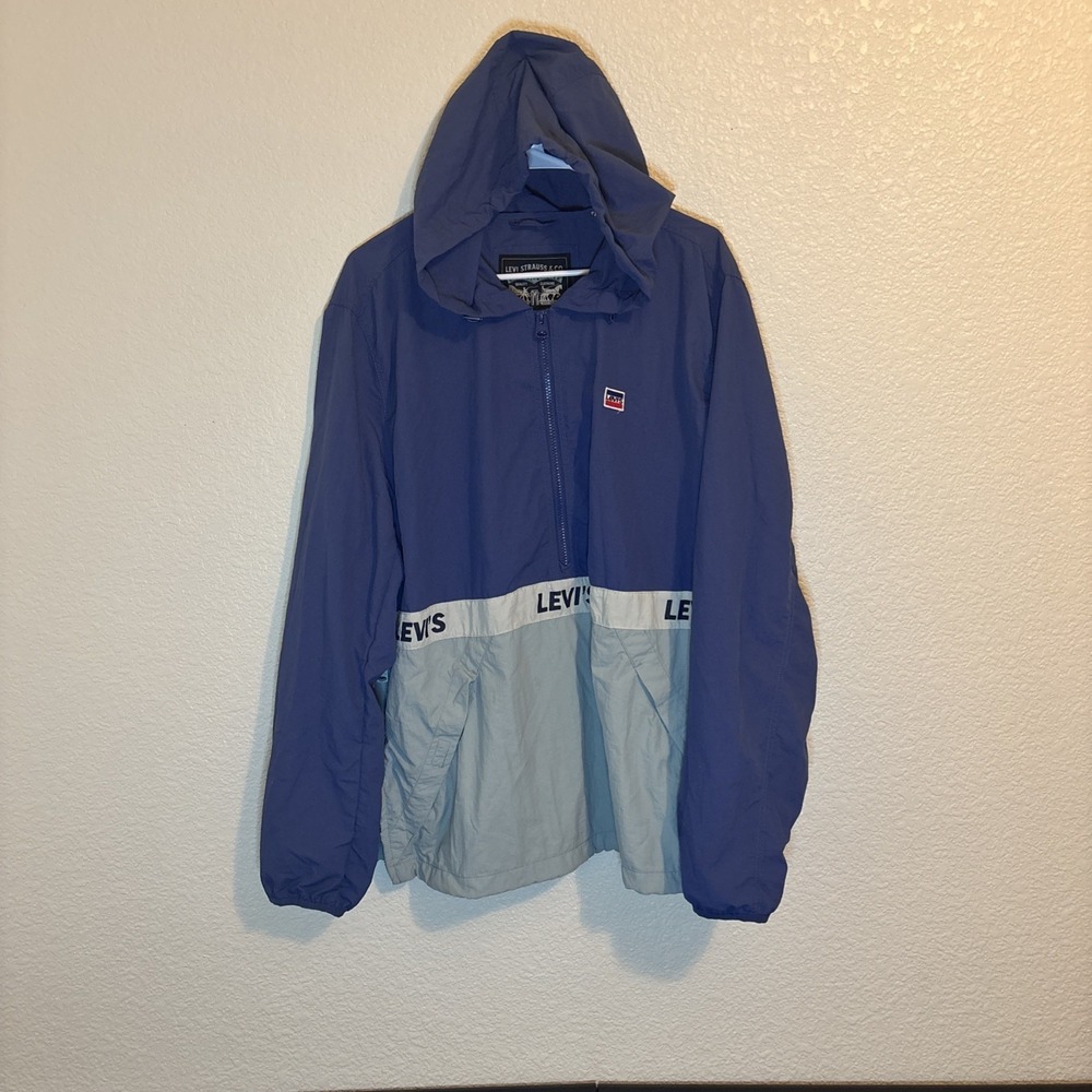 Men's Levi's Taslan‎ Pullover 1/2 Zip Jacket Blue Size XL Nylon Hooded